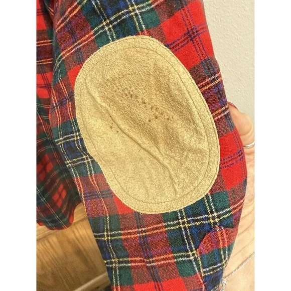 Pendleton Wool Plaid‎ Shirt Red Green Elbow Patches USA Vintage Academia M - Picture 5 of 5